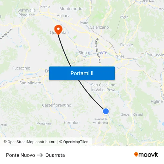Ponte Nuovo to Quarrata map