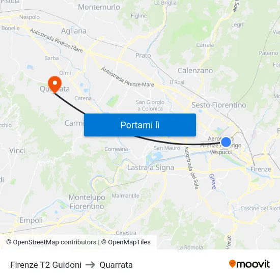 Firenze T2 Guidoni to Quarrata map
