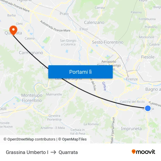 Grassina Umberto I to Quarrata map