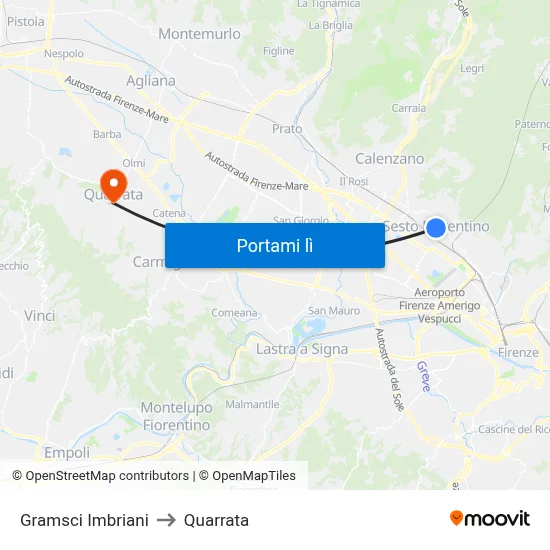 Gramsci Imbriani to Quarrata map