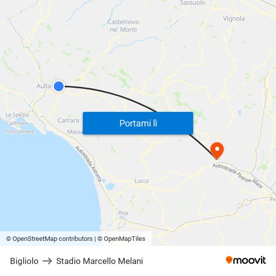 Bigliolo to Stadio Marcello Melani map