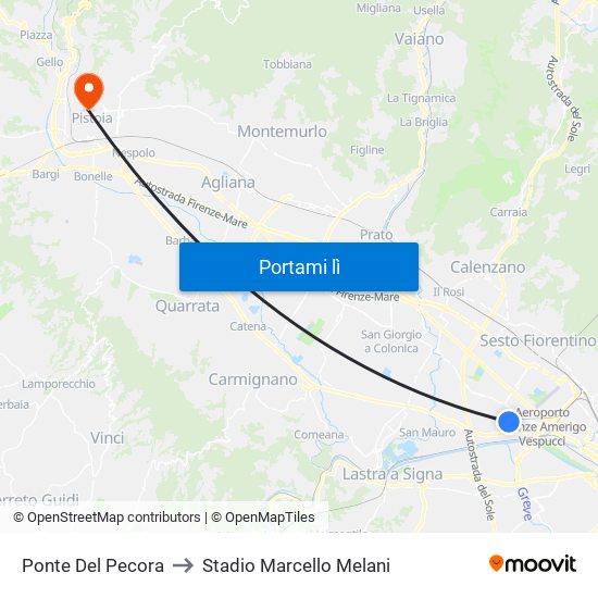 Ponte Del Pecora to Stadio Marcello Melani map