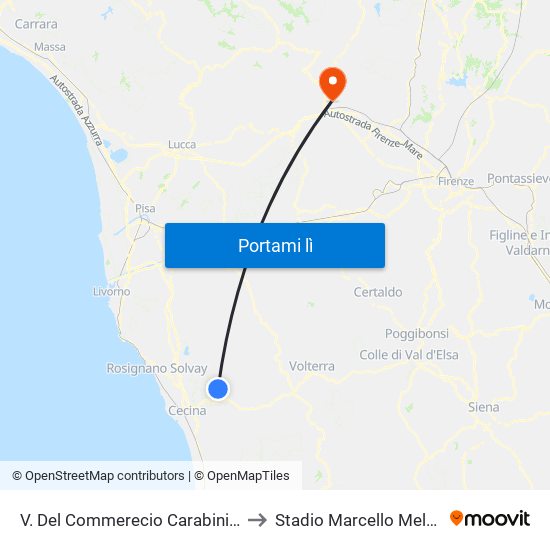 V. Del Commerecio Carabinieri to Stadio Marcello Melani map