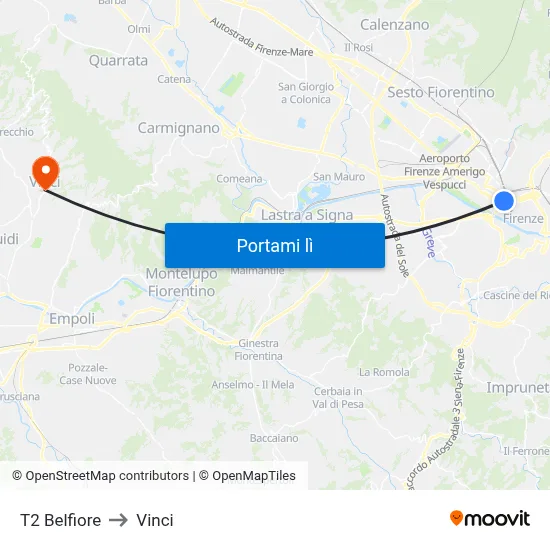 T2 Belfiore to Vinci map