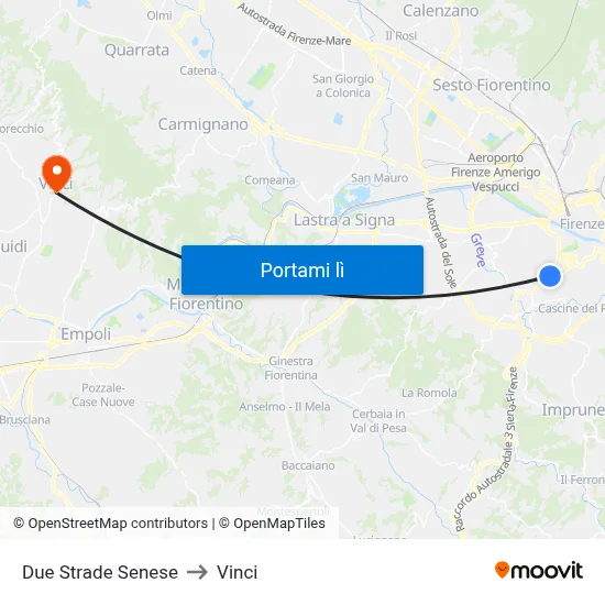 Due Strade Senese to Vinci map