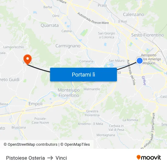 Pistoiese Osteria to Vinci map