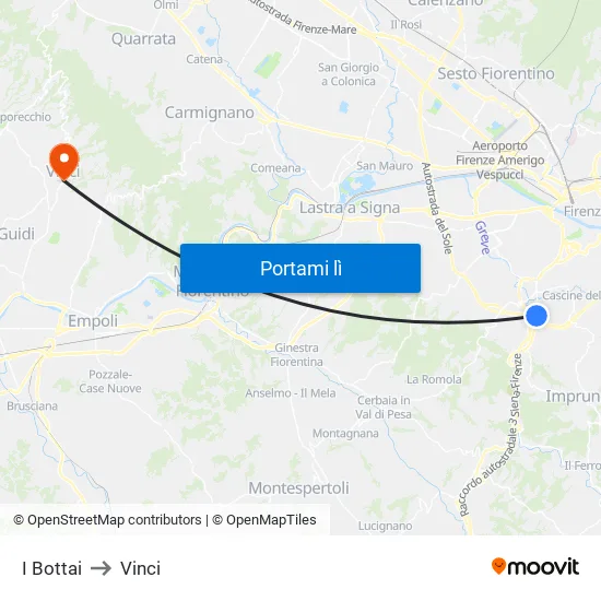 I Bottai to Vinci map