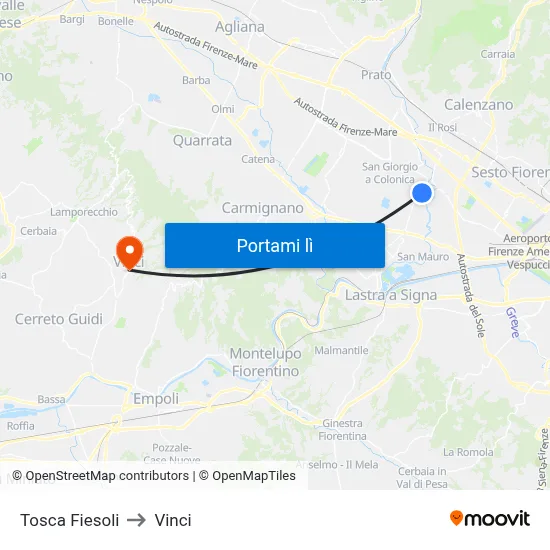 Tosca Fiesoli to Vinci map
