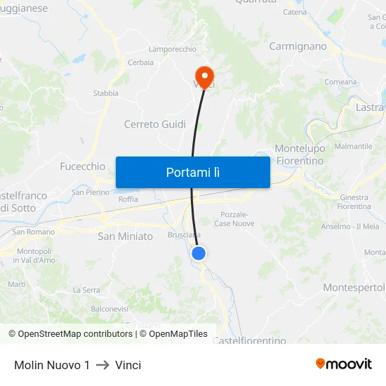 Molin Nuovo 1 to Vinci map