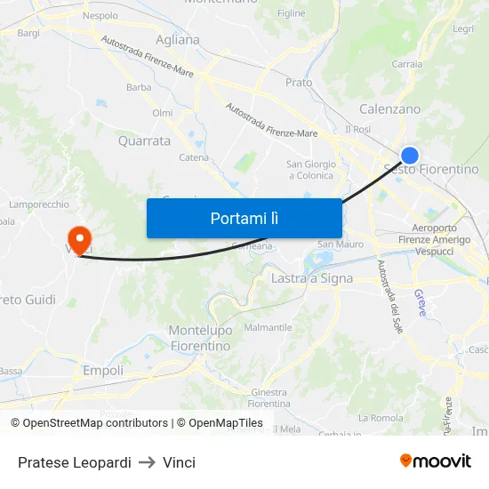 Pratese Leopardi to Vinci map