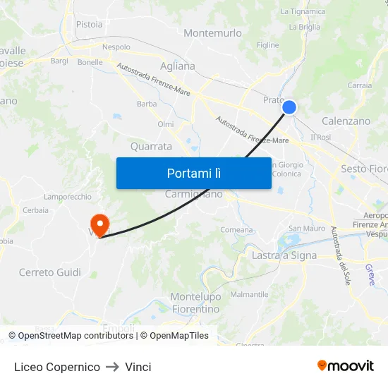 Liceo Copernico to Vinci map