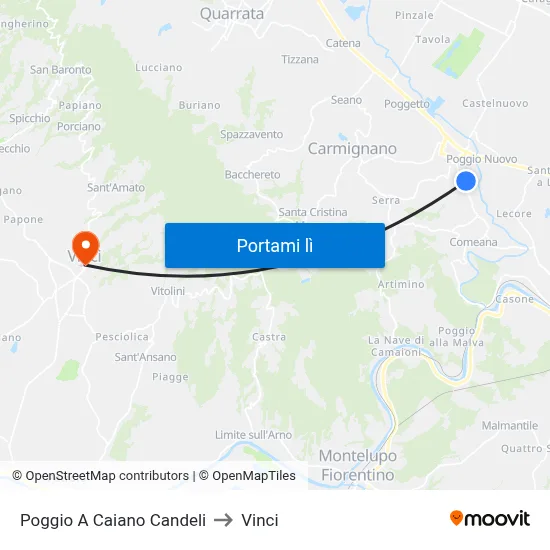 Poggio A Caiano Candeli to Vinci map