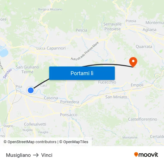 Musigliano to Vinci map