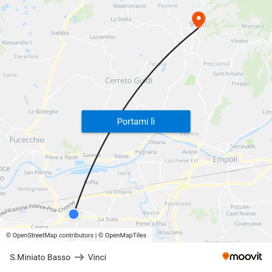 S.Miniato Basso to Vinci map