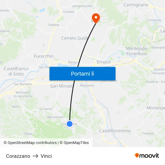 Corazzano to Vinci map