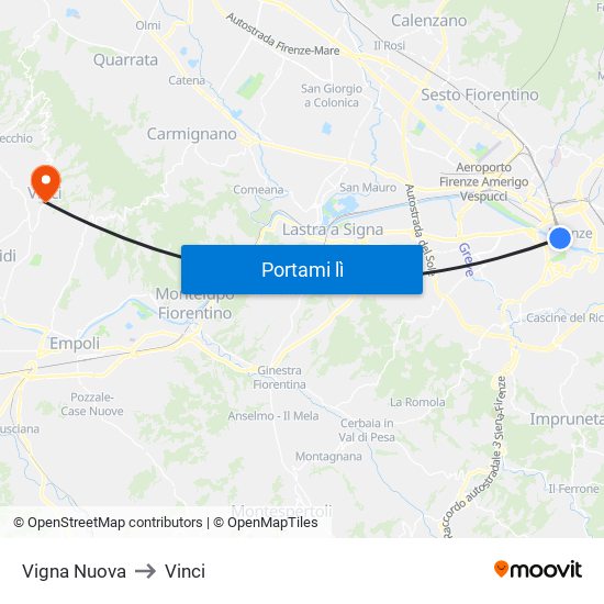 Vigna Nuova to Vinci map
