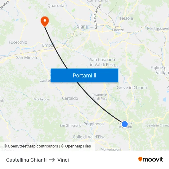 Castellina Chianti to Vinci map