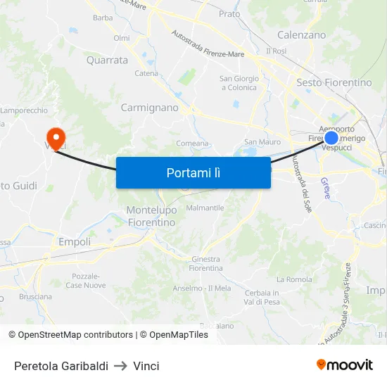 Peretola Garibaldi to Vinci map