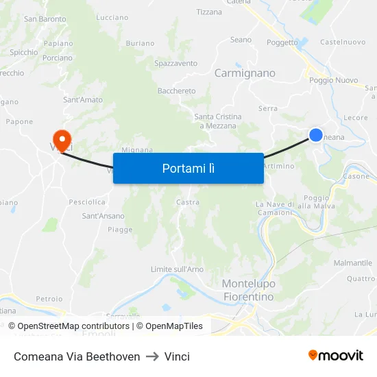 Comeana Via Beethoven to Vinci map