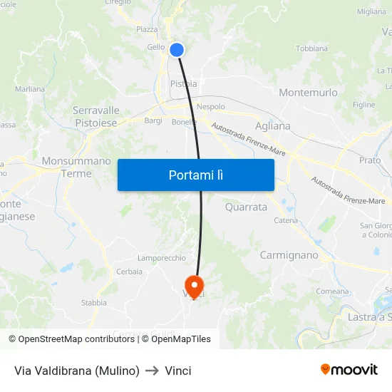 Via Valdibrana (Mulino) to Vinci map