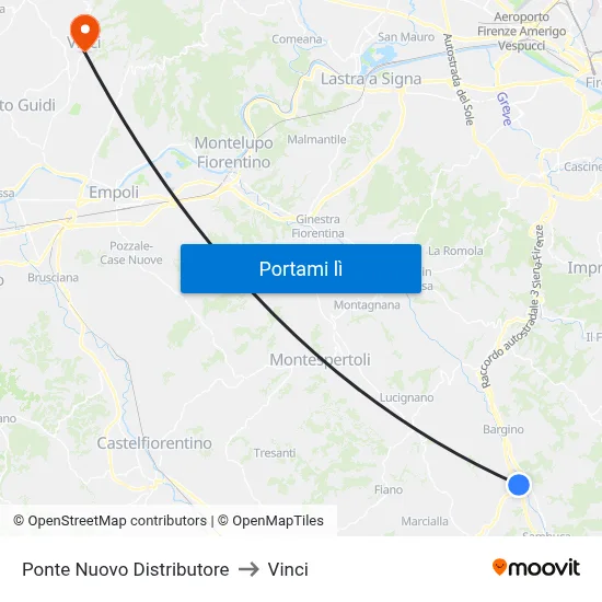 Ponte Nuovo Distributore to Vinci map