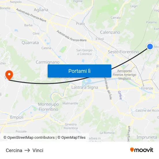 Cercina to Vinci map