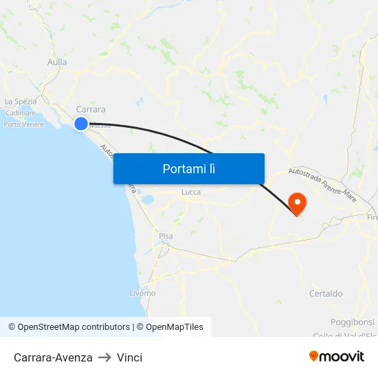 Carrara-Avenza to Vinci map