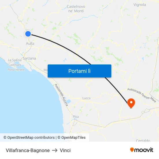 Villafranca-Bagnone to Vinci map