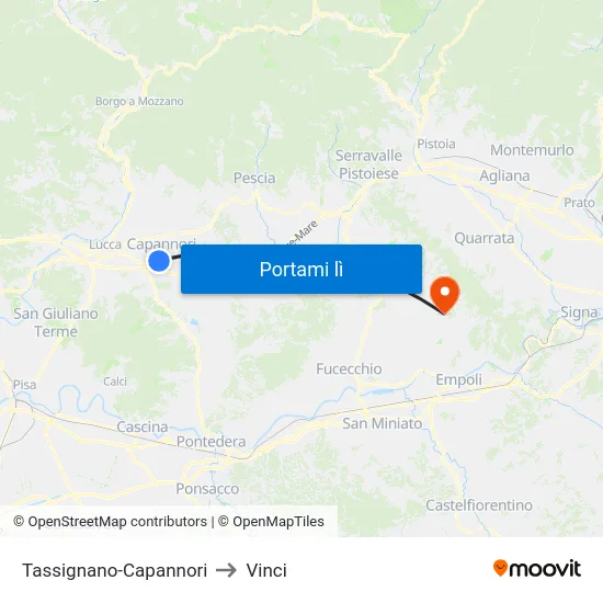 Tassignano-Capannori to Vinci map