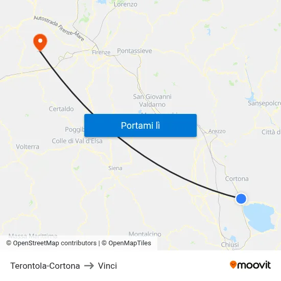 Terontola-Cortona to Vinci map
