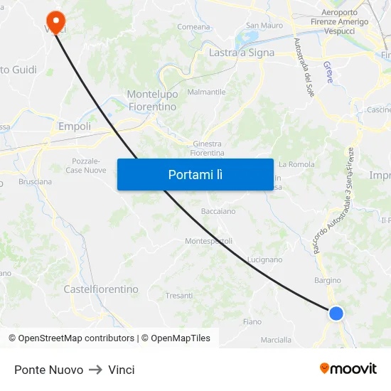 Ponte Nuovo to Vinci map