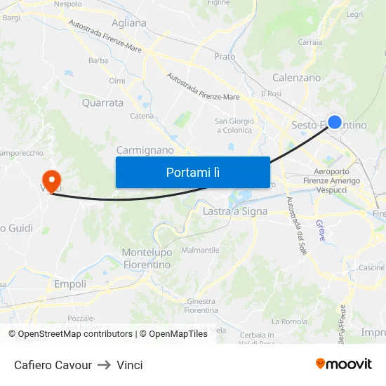 Cafiero Cavour to Vinci map