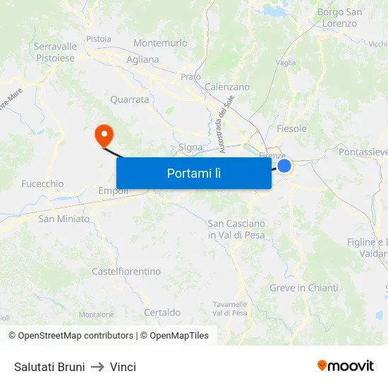 Salutati Bruni to Vinci map