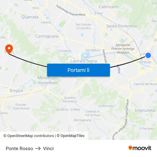 Ponte Rosso to Vinci map