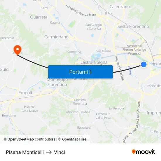 Pisana Monticelli to Vinci map