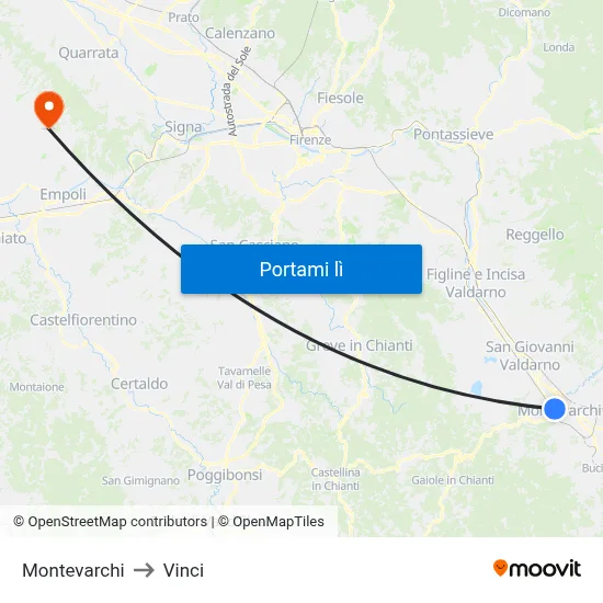 Montevarchi to Vinci map