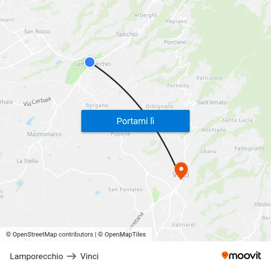 Lamporecchio to Vinci map