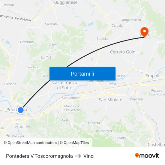 Pontedera V.Toscoromagnola to Vinci map