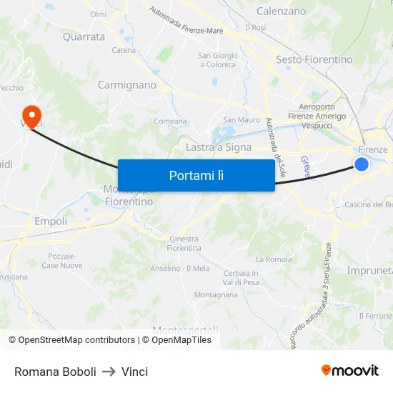 Romana Boboli to Vinci map