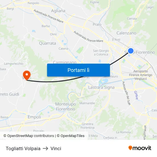 Togliatti Volpaia to Vinci map