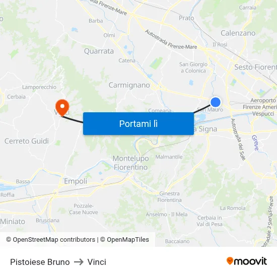 Pistoiese Bruno to Vinci map