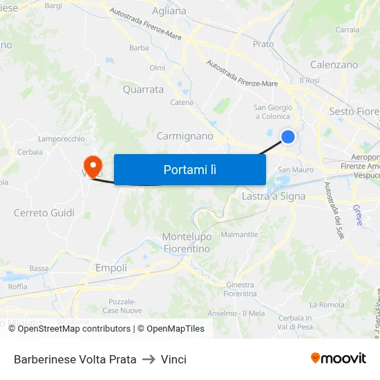 Barberinese Volta Prata to Vinci map