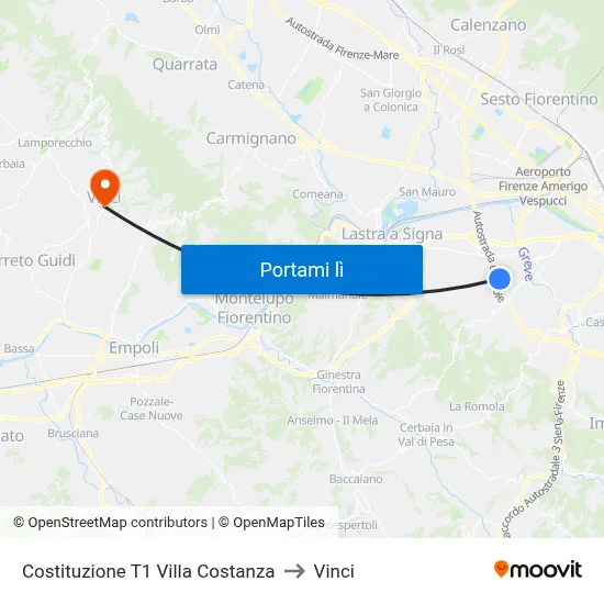 Costituzione T1 Villa Costanza to Vinci map