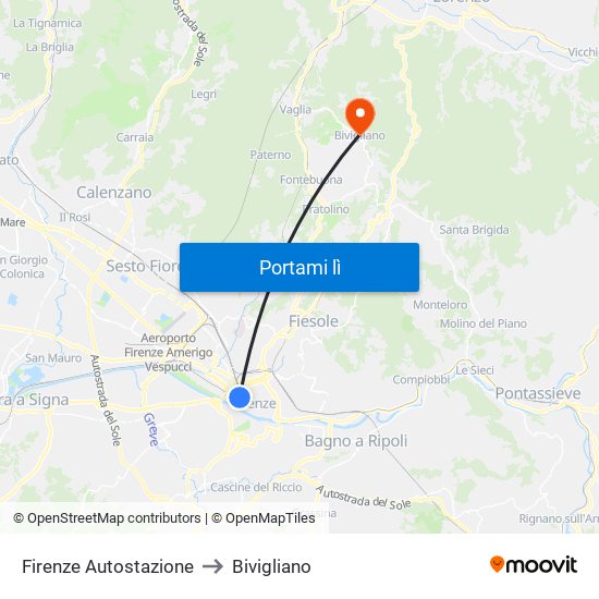 Firenze Autostazione to Bivigliano map