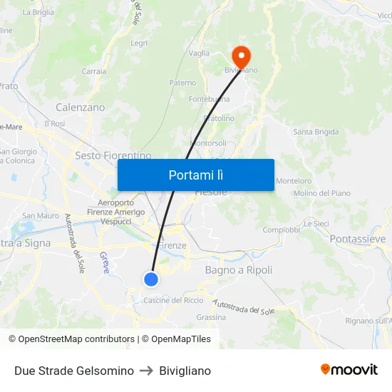 Due Strade Gelsomino to Bivigliano map