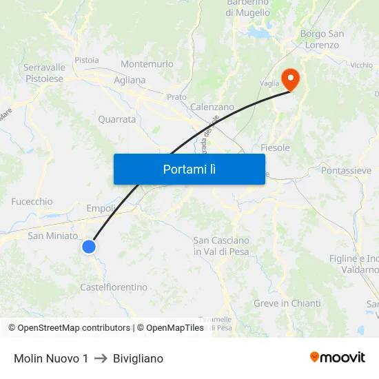 Molin Nuovo 1 to Bivigliano map