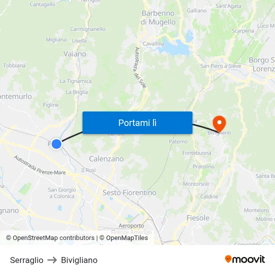 Serraglio to Bivigliano map