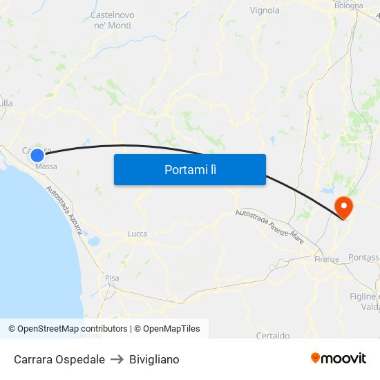 Carrara Ospedale to Bivigliano map