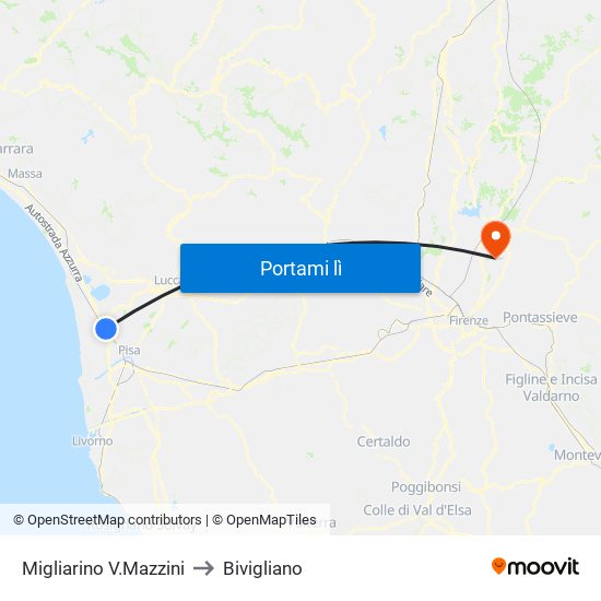 Migliarino V.Mazzini to Bivigliano map