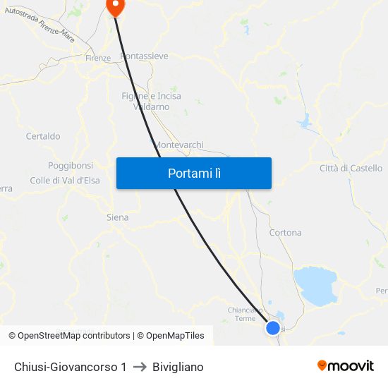 Chiusi-Giovancorso 1 to Bivigliano map